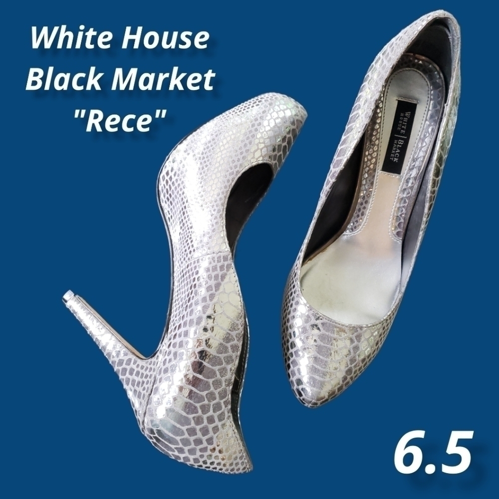 WHITE House Black Market Rece Silver Snakeskin Stiletto Platform Pumps 6.5 EUC